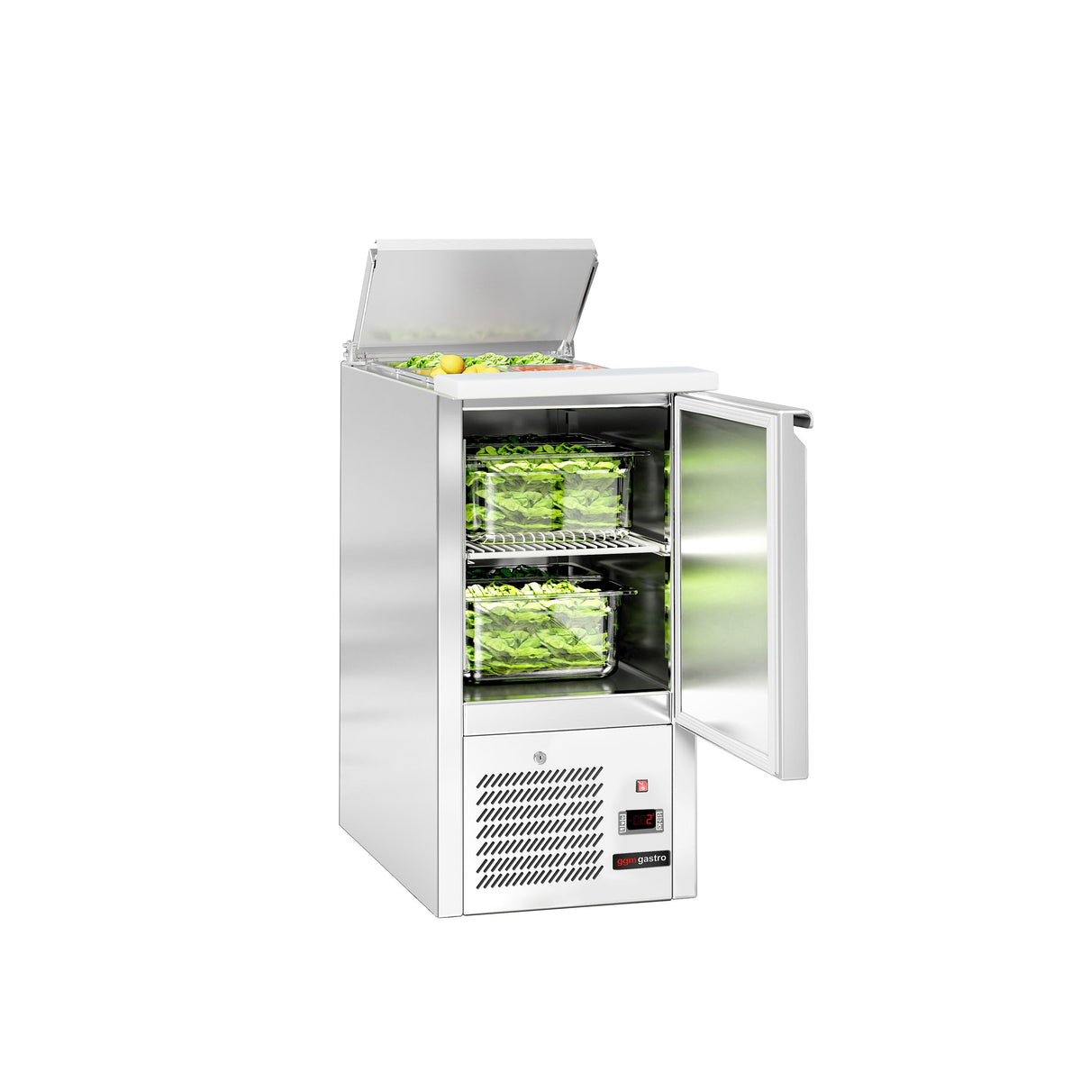 Salaattipöytä ECO - 450 mm - 102 l - 1 ovi - upotus 1x GN 1/1 & ruostumattomasta teräksestä kansi