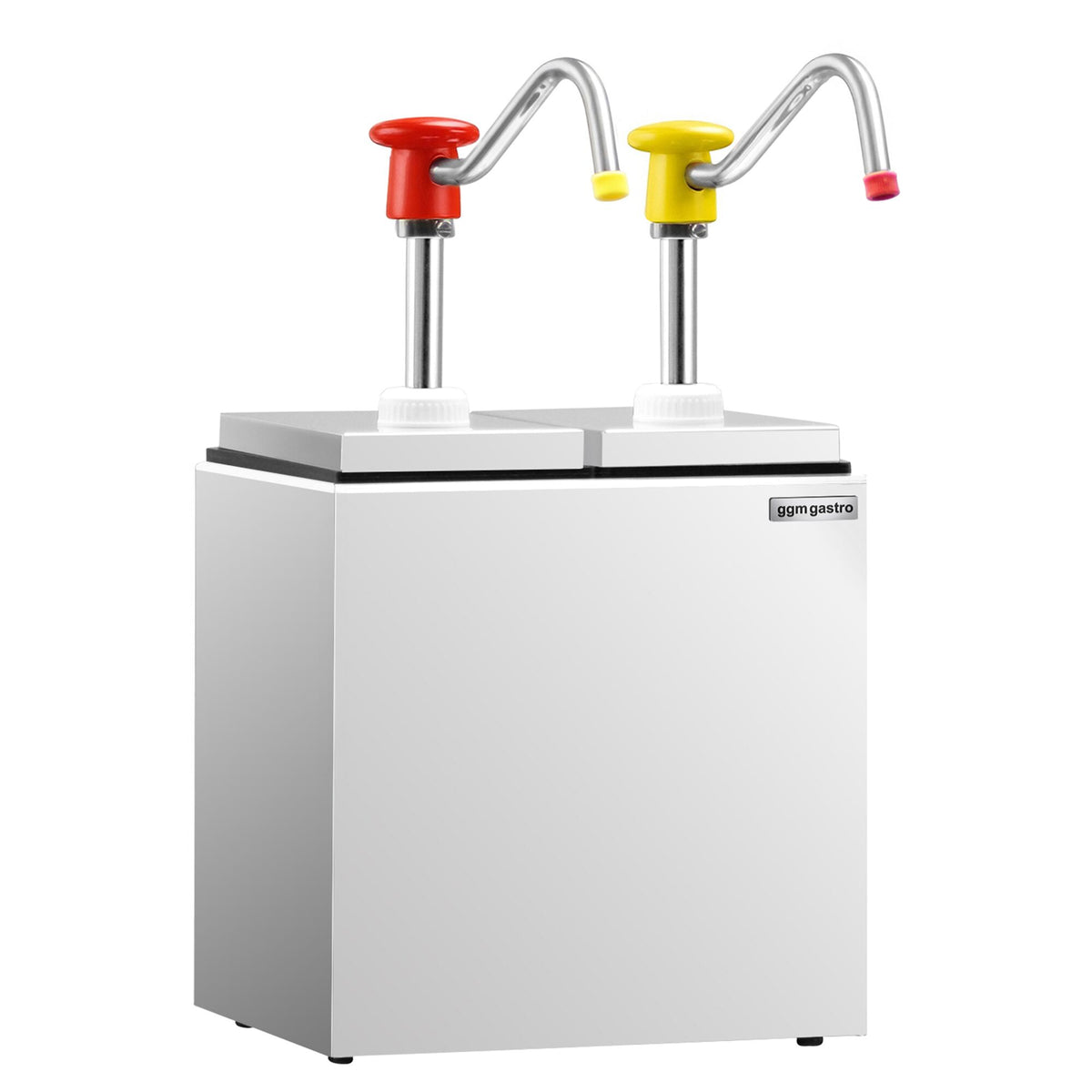 Kastikeannostelija - Muovi (säiliöt), ruostumaton teräs (teline) - 2 pumppua - 2x 2,5 l - 190x240x268 mm - tippavarma nokka - sis. telineen