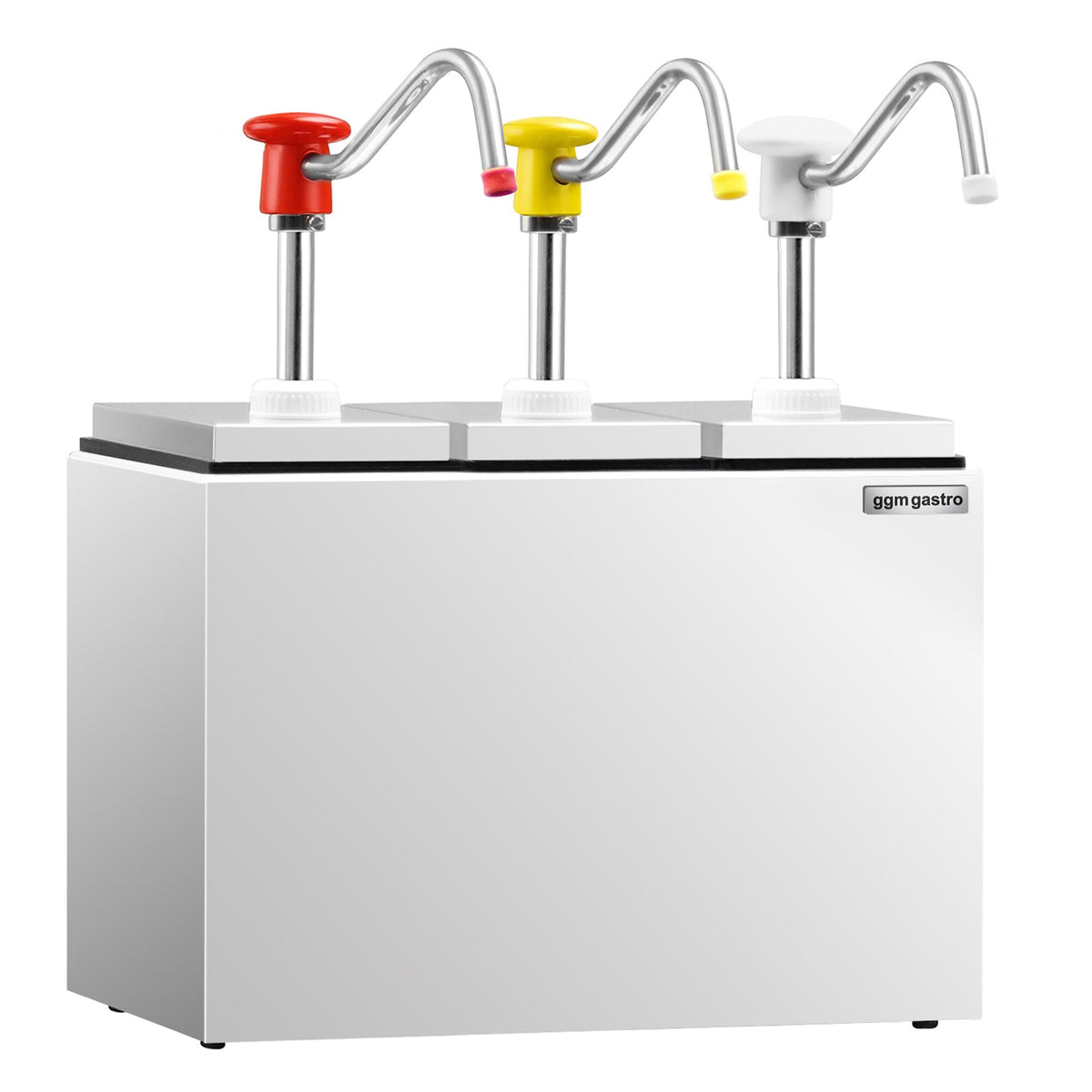 Commercial Condiment Dispenser - 3x 2.5 litres - with container - incl. stainless steel frame - adjustable dose - Plastic containers, stainless steel rack - 190x355x268mm