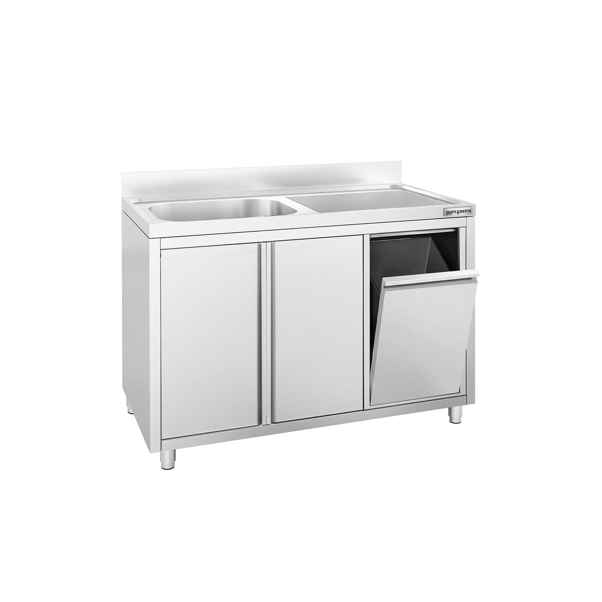 Commercial Sink Cabinet PREMIUM - Stainless Steel - 1200x600mm - with waste bin & 1 bowl left-hand