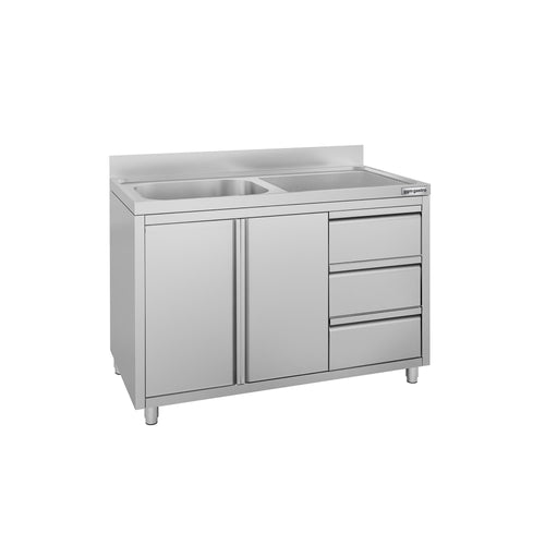 Commercial Sink Cabinet ECO - Stainless Steel - 1200x700mm - 1 bowl left-hand - 3 drawers