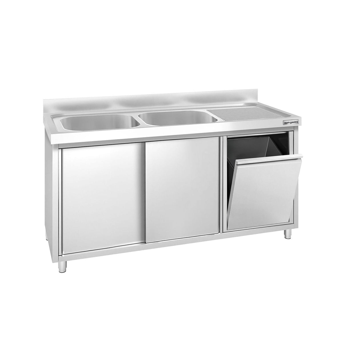 Commercial Sink Cabinet PREMIUM – Stainless Steel - 1400 × 600 mm – with Waste Bin & Twin Left-Hand Bowls