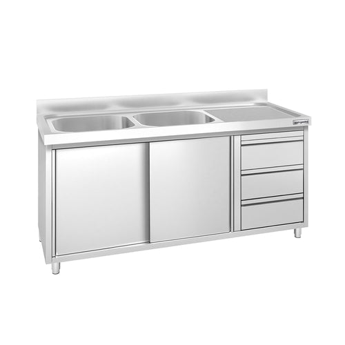 Commercial Sink Cabinet PREMIUM – Stainless Steel – 1600 × 700 mm – with 3 Drawers & Twin Left-Hand Bowls