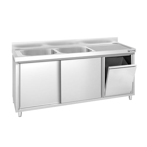 Commercial Sink Cabinet PREMIUM – Stainless Steel – 1800 × 600 mm – with Waste Bin & Twin Left-Hand Bowls