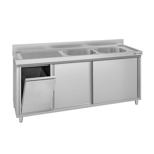 Commercial Sink Cabinet ECO - Stainless Steel – 1800 × 600 mm – with Waste Bin & Twin Right-Hand Bowls