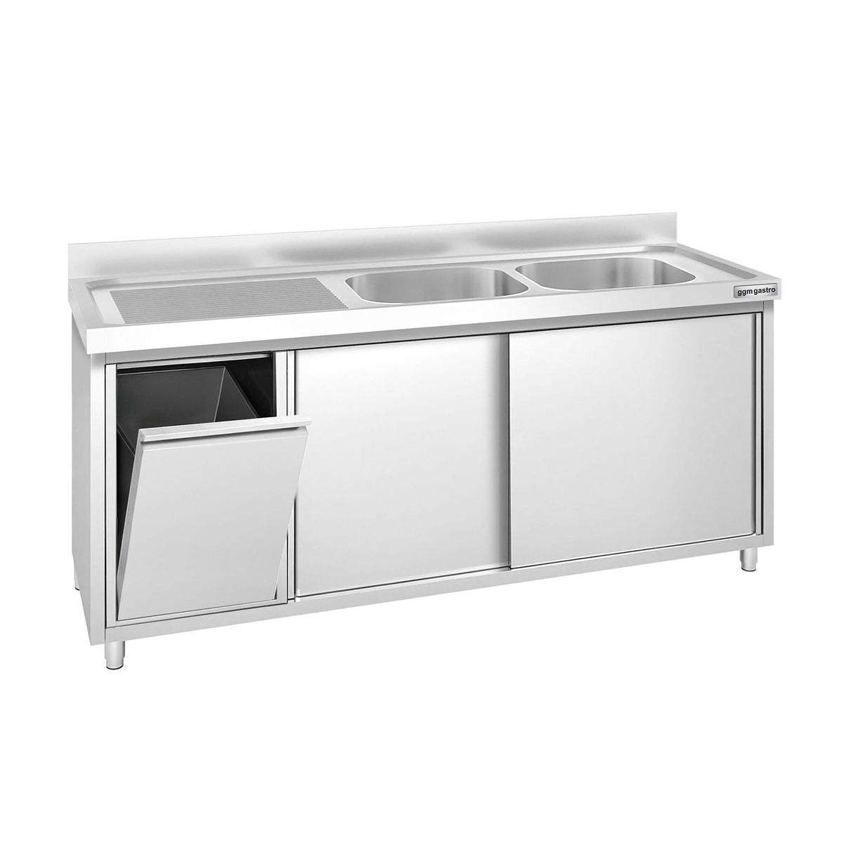 Commercial Sink Cabinet PREMIUM – Stainless Steel – 1800 × 700 mm – with Waste Bin & Twin Right-Hand Bowls