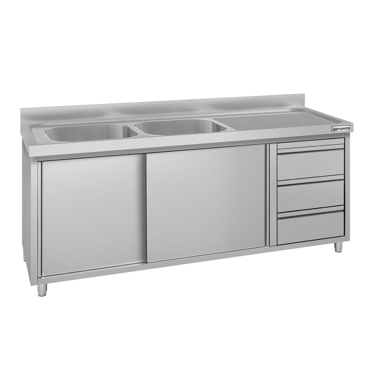 Commercial Sink Cabinet ECO - Stainless Steel – 2000 × 700 mm – with 3 Drawers & Twin Left-Hand Bowls