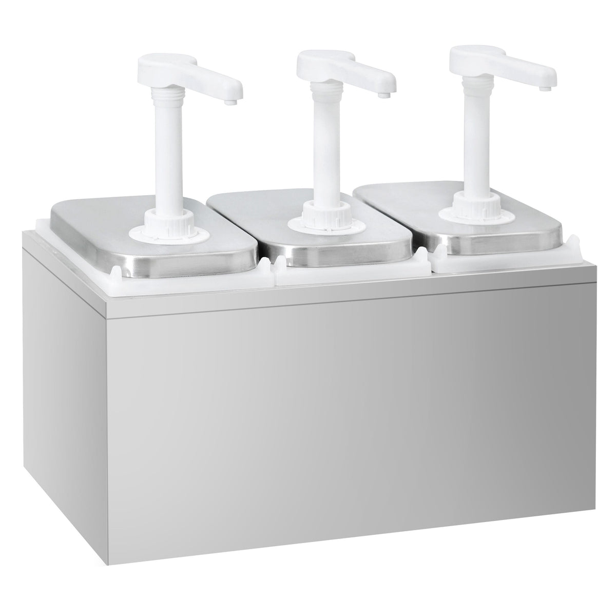 Kastikeannostelija - Ruostumaton teräs AISI 304; säiliöt Muovi (PP) - 3 pumppua - 3x 2,0 l - 375x215x325 mm - einställbarer Dosierung - säiliöllä - tippavarma nokka - sis. teräskehikon