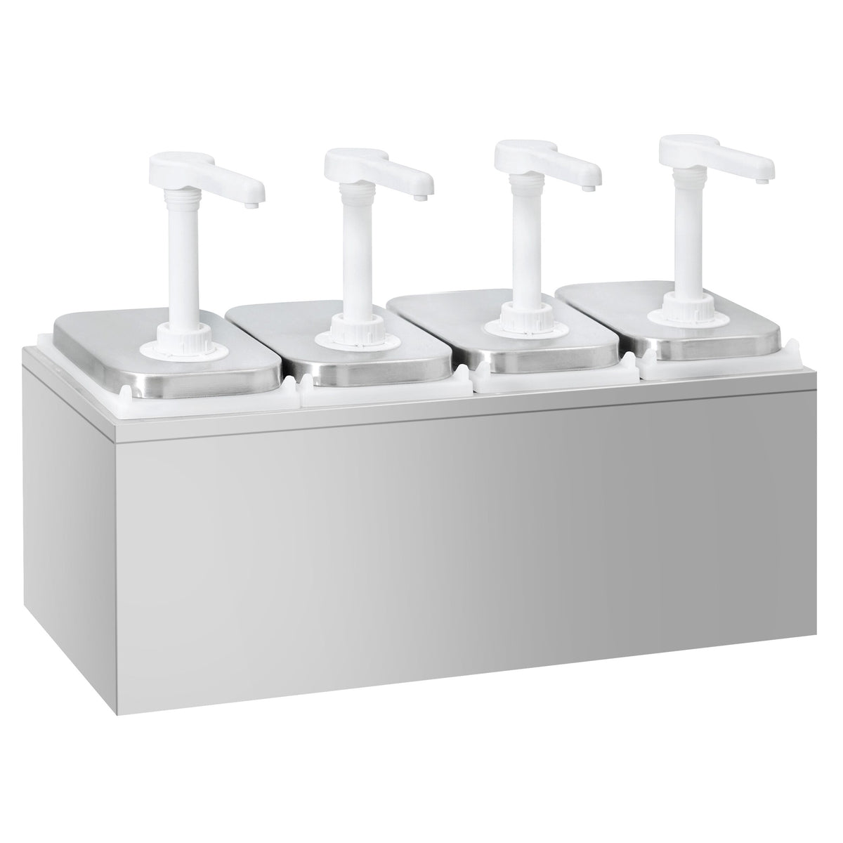 Commercial Condiment Dispenser - 4x 2 litres - adjustable dose - with container - incl. stainless steel frame - Stainless steel frame; Containers Polypropylene - 480x215x325mm