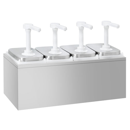 Commercial Condiment Dispenser - 4x 2 litres - adjustable dose - with container - incl. stainless steel frame - Stainless steel frame; Containers Polypropylene - 480x215x325mm