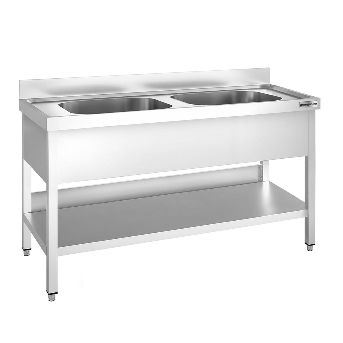 Stainless Steel Commercial Sink Unit PREMIUM - 1400x700mm - with Double Bowl Centre - with Undershelf - with Upstand