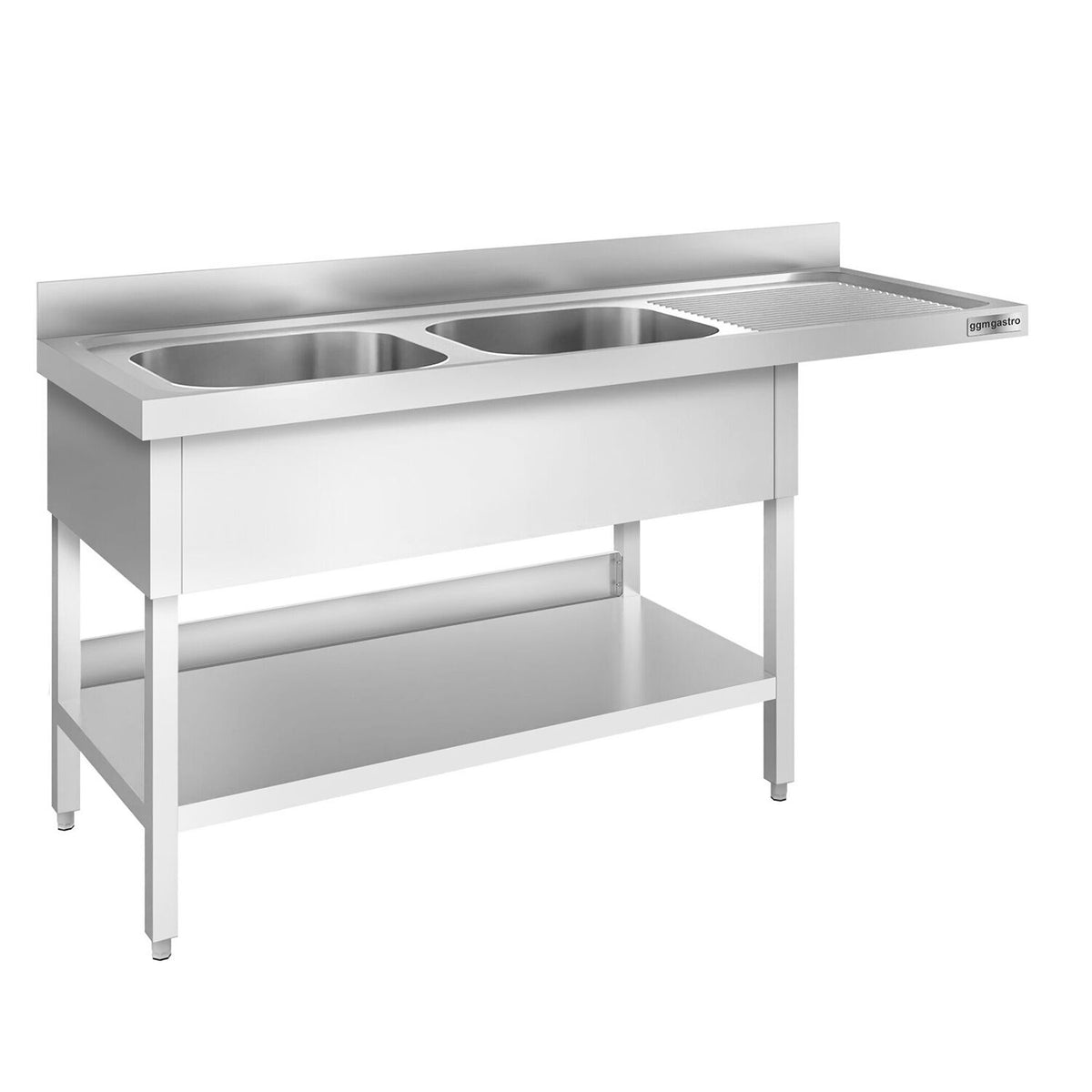 Astianpesupöytä - 2000x600 mm - 2 allasta, altaat vasemmalla - kuivaustaso - roiskesuoja - alahylly