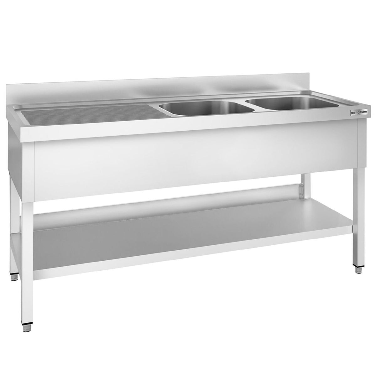 Stainless Steel Commercial Sink Unit PREMIUM - 2000x700mm - with Double Bowl Right-hand - with Undershelf - with Upstand