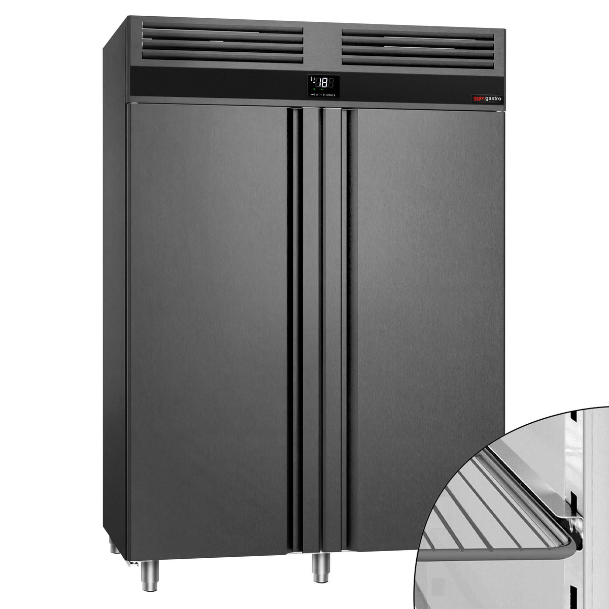RST-pakastekaappi PREMIUM - GN 2/1 - 1400 mm - 1400 l - -20…-12 °C - mitat 2 lasiovea - kiertoilmajäähdytys, automaattinen sulatus, digitaalinen termostaatti, sisävalo, R290, itsesulkeutuvat ovet - Antrasiitti