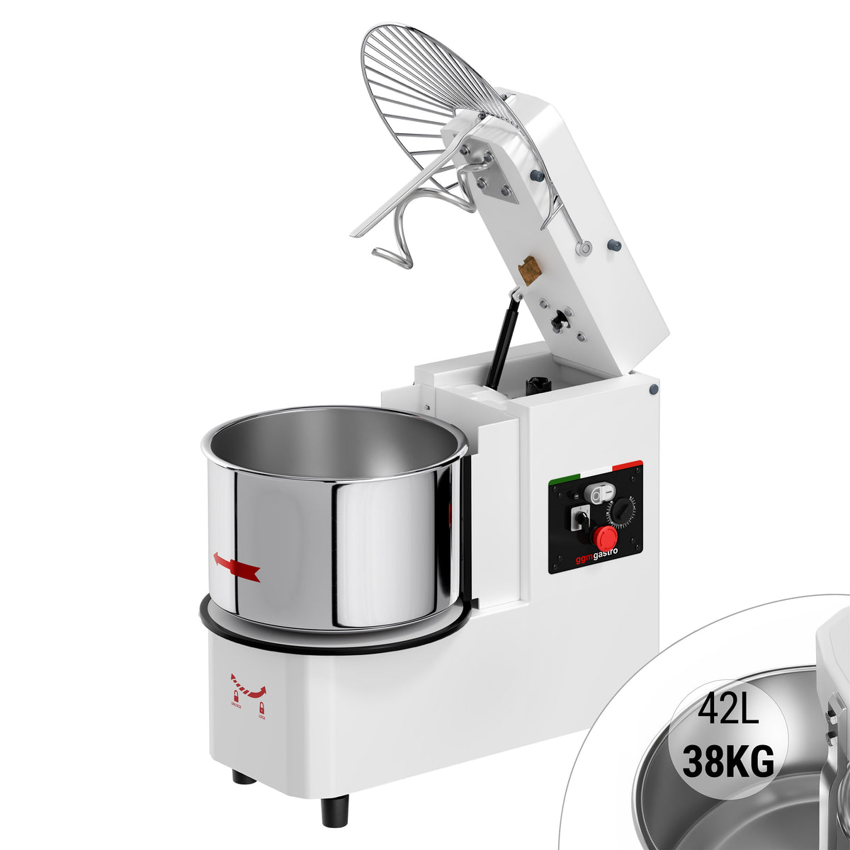 Commercial Spiral Dough Mixer - 42L / 38kg - Twin Speed - Lift‑Up Head & Removable Bowl - with Timer - 400V 3‑Phase