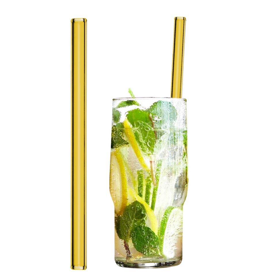 (50 pcs) Glass Drinking Straws - 200mm - ø 8mm - straight - Yellow - incl. 1 Nylon cleaning brush