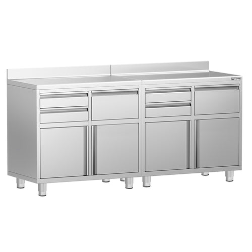 Commercial Stainless Steel Coffee Station & Worktop Floor Cupboard - for Coffee Machine - 2000x600mm - with 4 Drawers, 4 Doors, 2 Tilting Knockout Drawers - with Rear Upstand