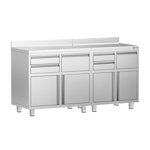 Commercial Stainless Steel Coffee Station & Worktop Floor Cupboard - for Coffee Machine  - 1800x600mm - with 4 Drawers, 2 Doors, 2 Tilting Knockout Drawers - with Rear Upstand