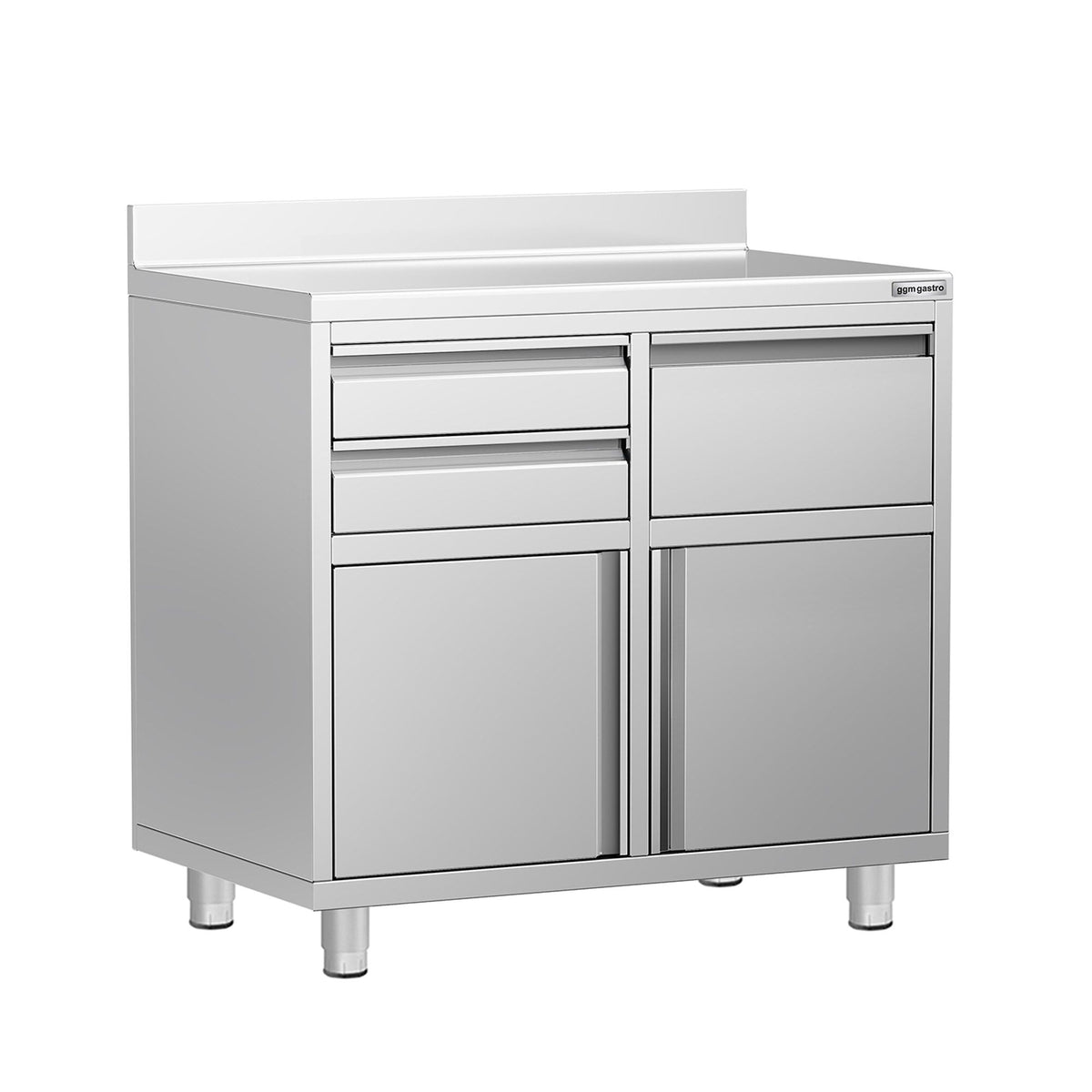 Commercial Stainless Steel Coffee Station & Worktop Floor Cupboard - for Coffee Machine  - 1000x600mm - with 2 Drawers, 1 Door, 1 Tilting Knockout Drawer - with Rear Upstand