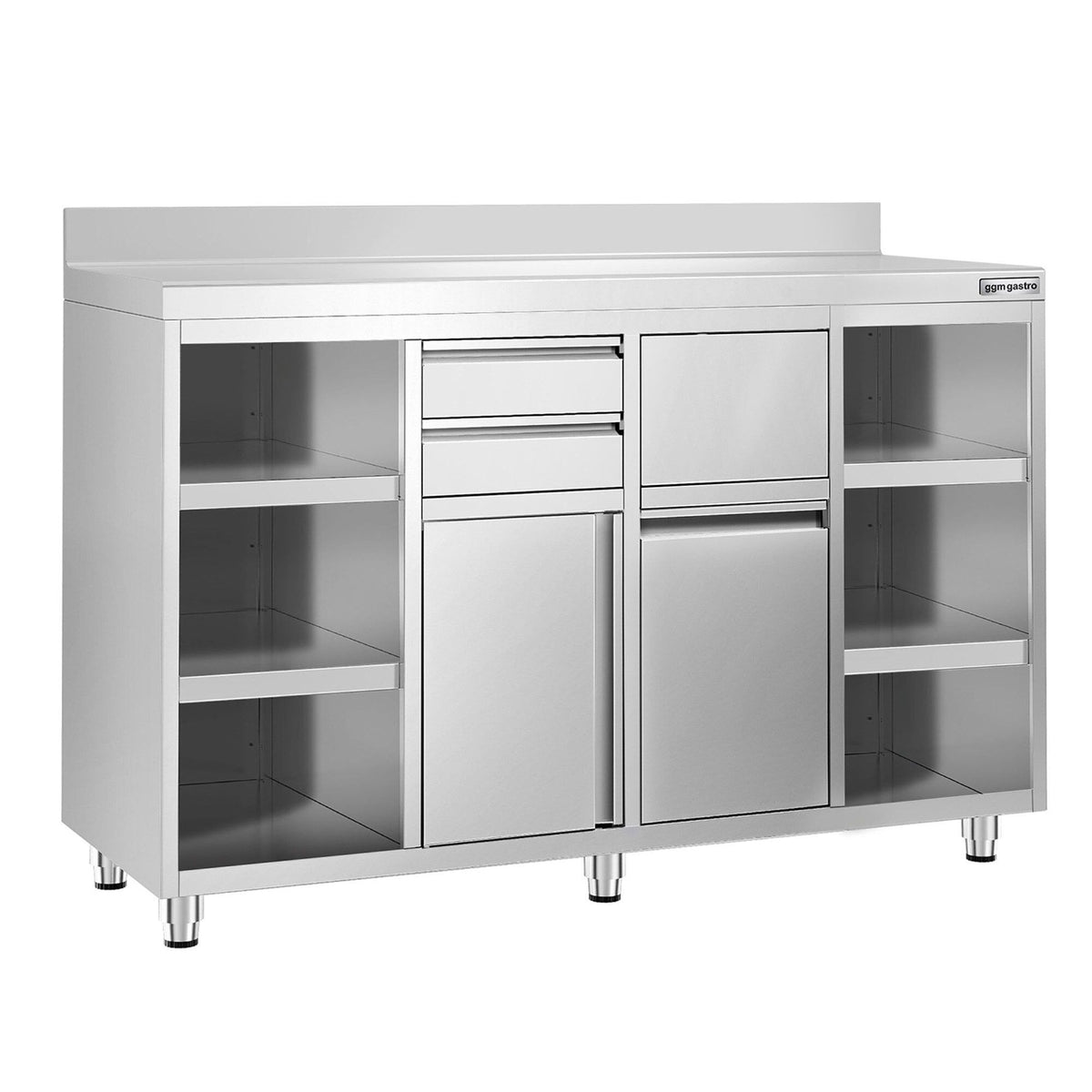 Ruostumattomasta teräksestä työkaappi - 1600x600 mm - 2 vetolaatikkoa, 2 saranaovea - roiskesuoja