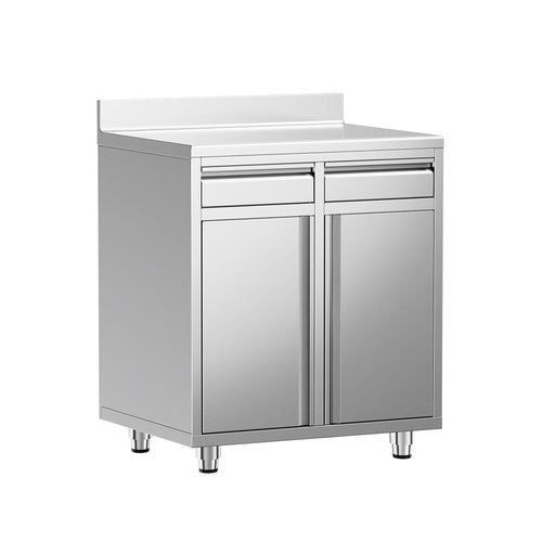 Ruostumattomasta teräksestä työkaappi - 800x600 mm - 2 saranaovea, 2 vetolaatikkoa - roiskesuoja