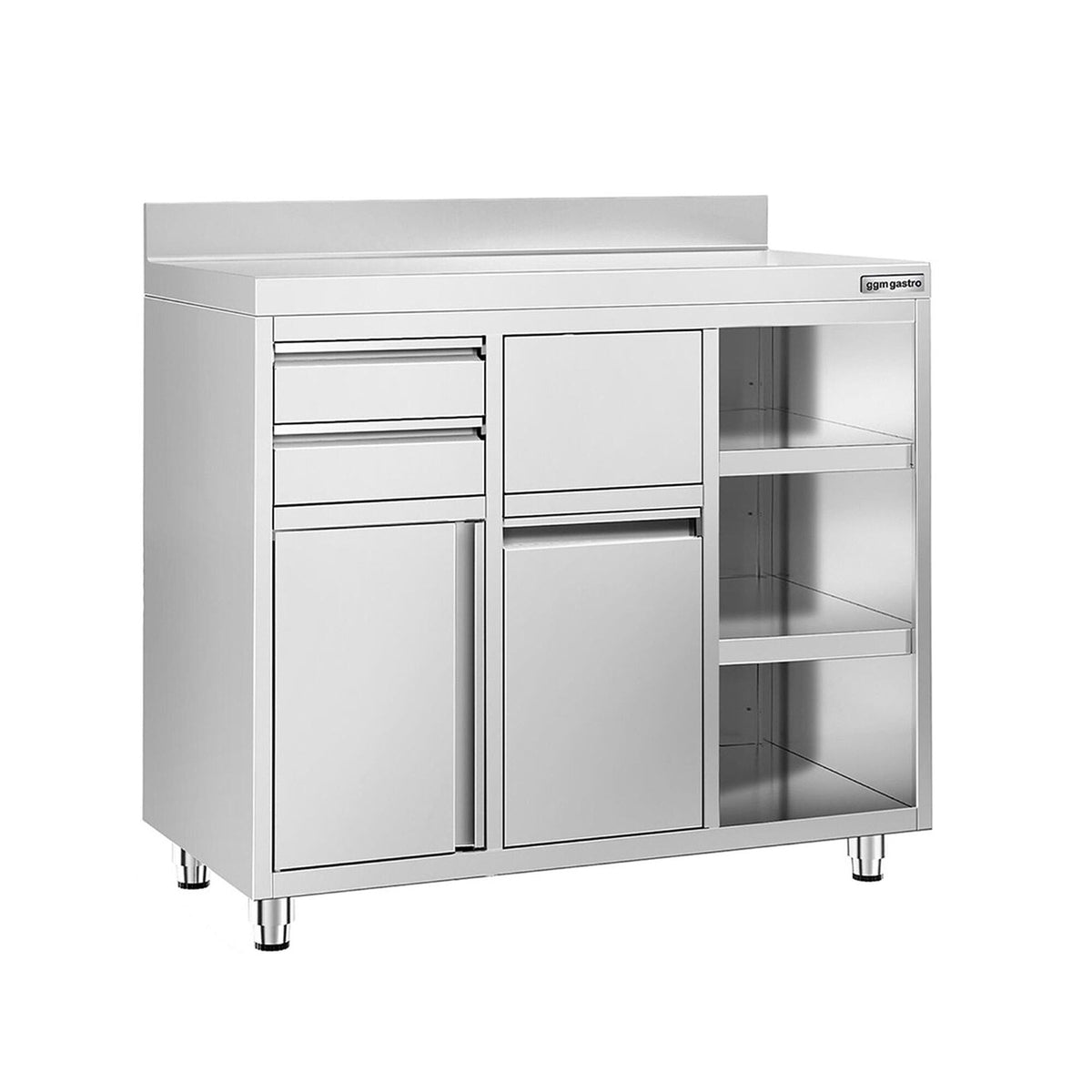 Ruostumattomasta teräksestä työkaappi - 1200x600 mm - 2 vetolaatikkoa oikealla, 1 saranaovi - roiskesuoja