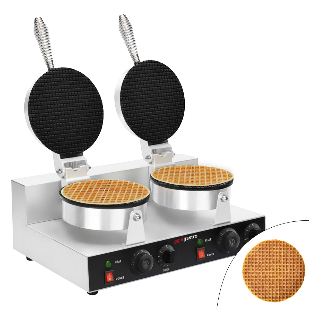 Vohvelirauta ammattikäyttöön - 2 x 1,3 kW - Pyöreä - Ø 190 mm - teflon‑pinnoitetut paistolevyt