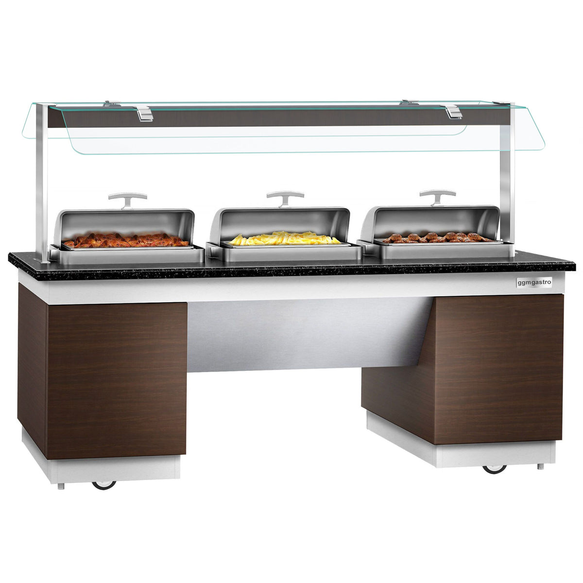 Buffet-tiski DUBLIN - 2300 mm - varustettu: 3 kpl lämpöhaudetta - pyörillä - musta