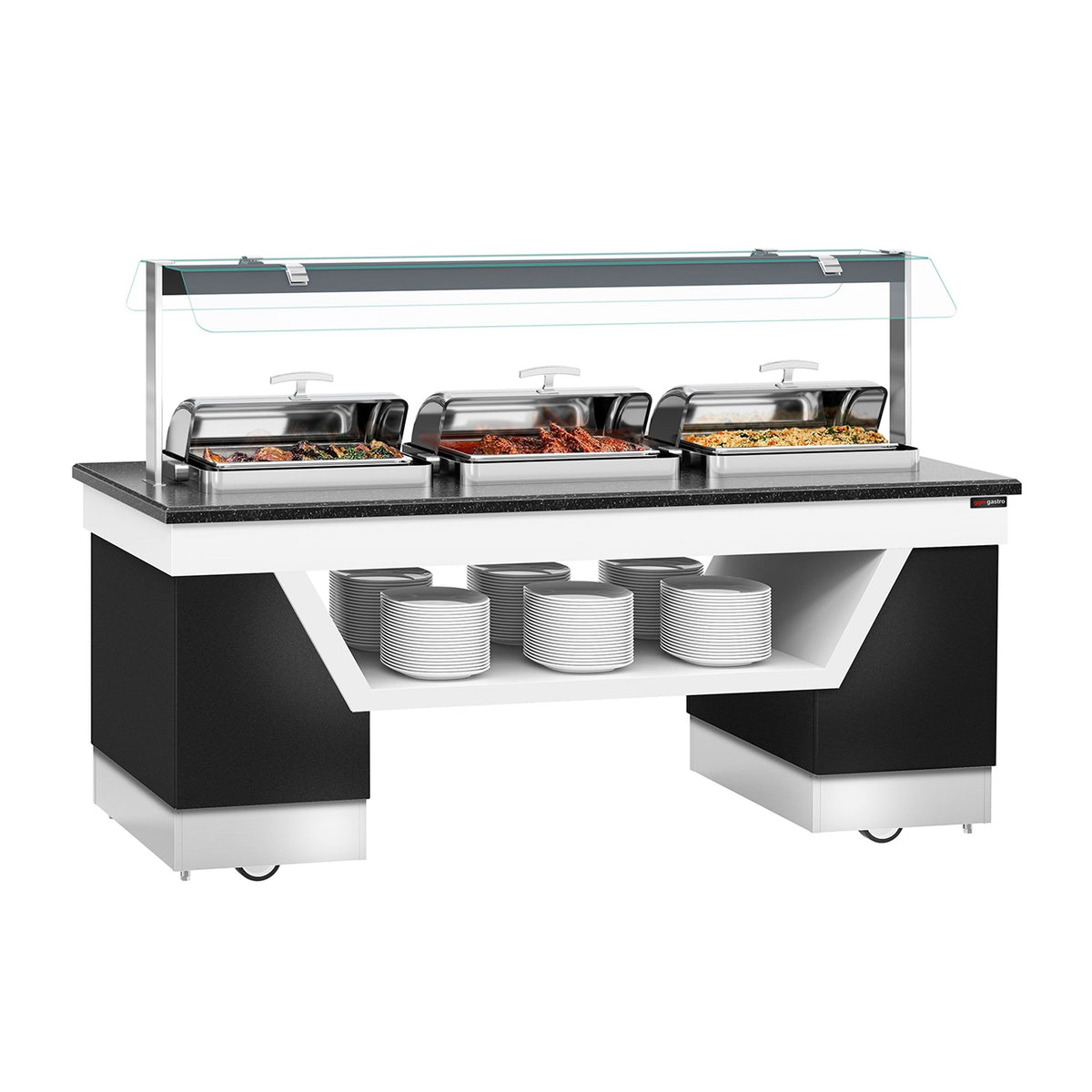 Buffet-tiski BELFAST - 2300 mm - varustettu: 3 kpl lämpöhaudetta - GN 1/1 - pyörillä - musta