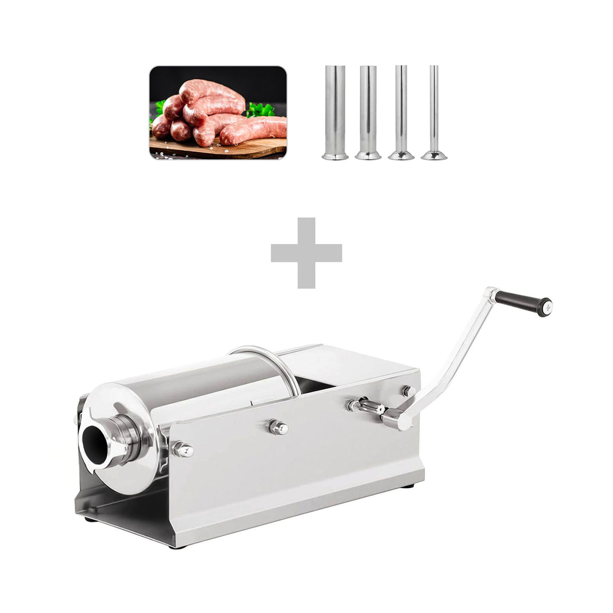 Commercial  Manual Sausage Stuffer - Horizontal - 5L - Stainless Steel - incl. 4 Stuffing Tubes