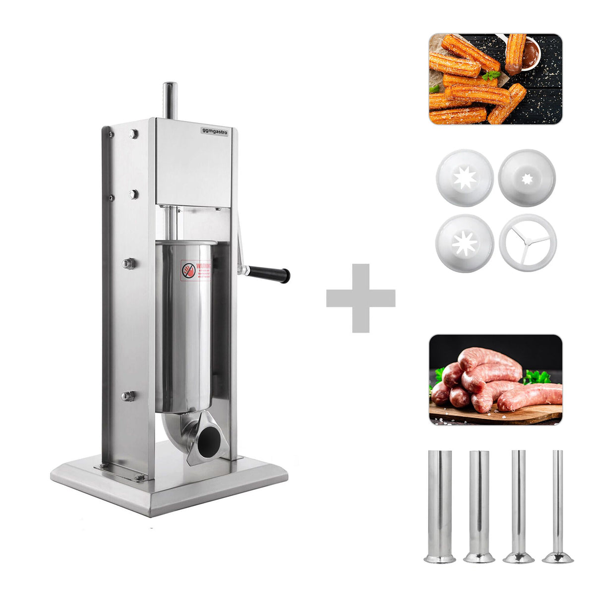 Commercial  Manual Sausage Stuffer - Vertical & Churro Maker - 3L - Stainless Steel - incl. 4 Stuffing Tubes & 3 Churro Nozzles