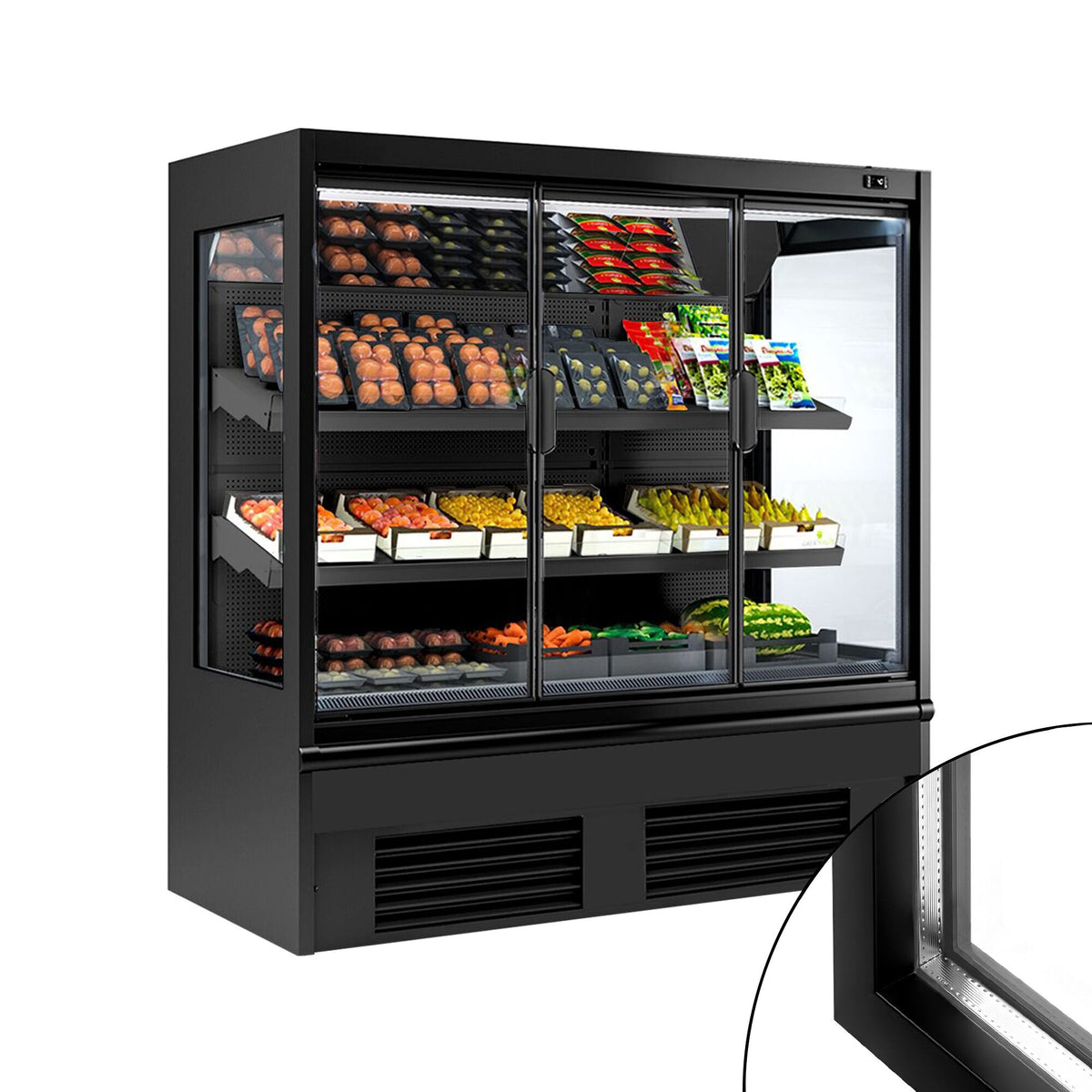 Commercial multideck display fridge - 1955mm - 1056L - with 1 double‑glazed hinged glass door & 2 shelves - Black