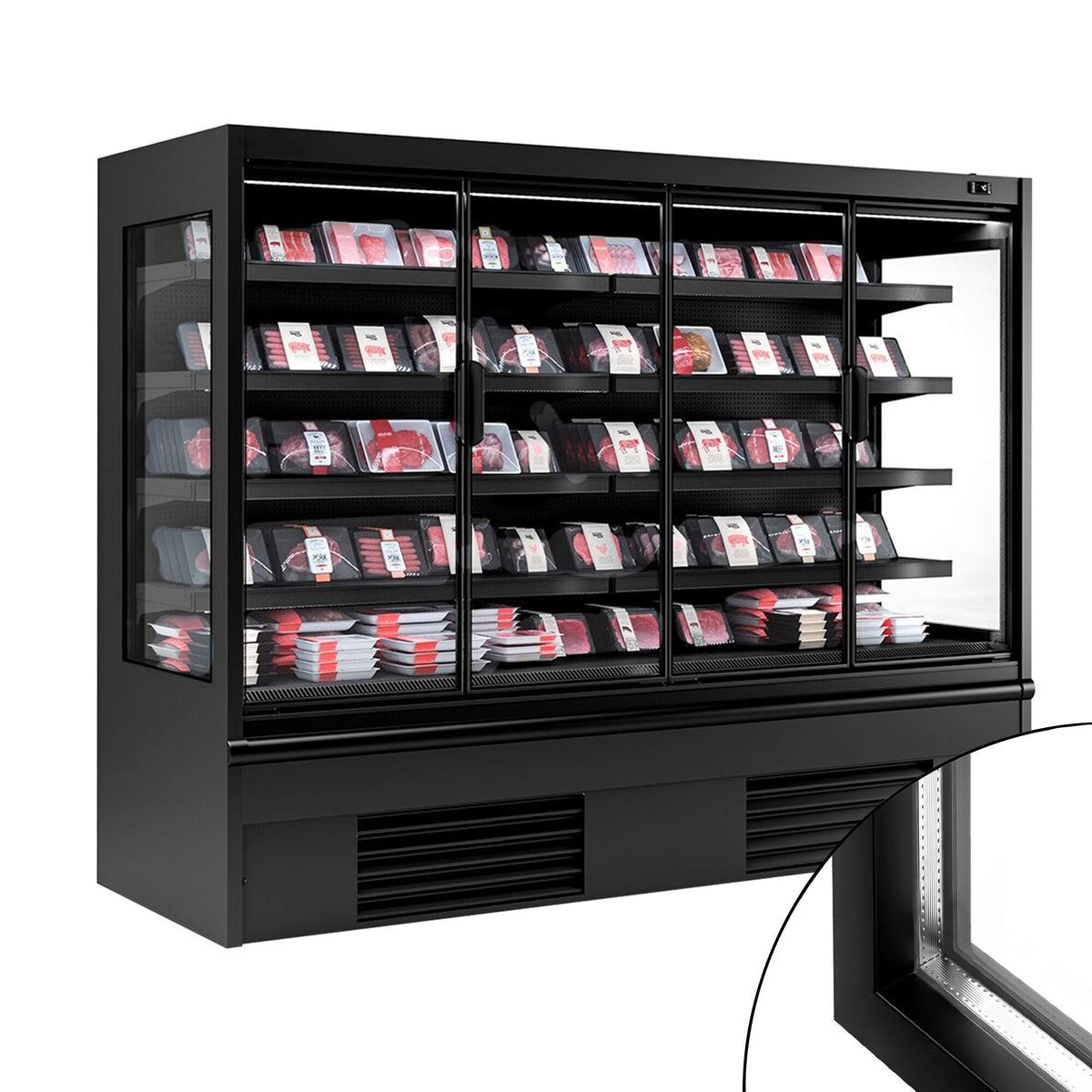 Commercial multideck display fridge - 2580mm - 910L - with 4 hinged glass doors & 4 shelves - Black