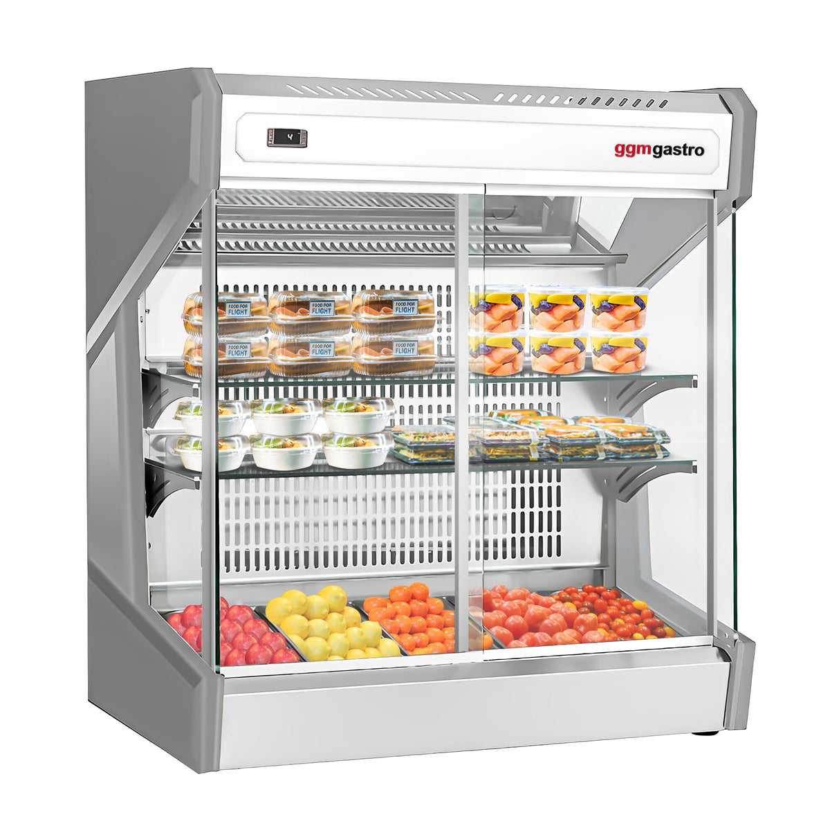 Pöytämallinen kylmävitriini - käyttöön: 5x GN 1/3, 40 mm syvyys - 220 l - 1003 mm - 2 lasiovea - 2 hyllyä - peilitausta - liukuovet