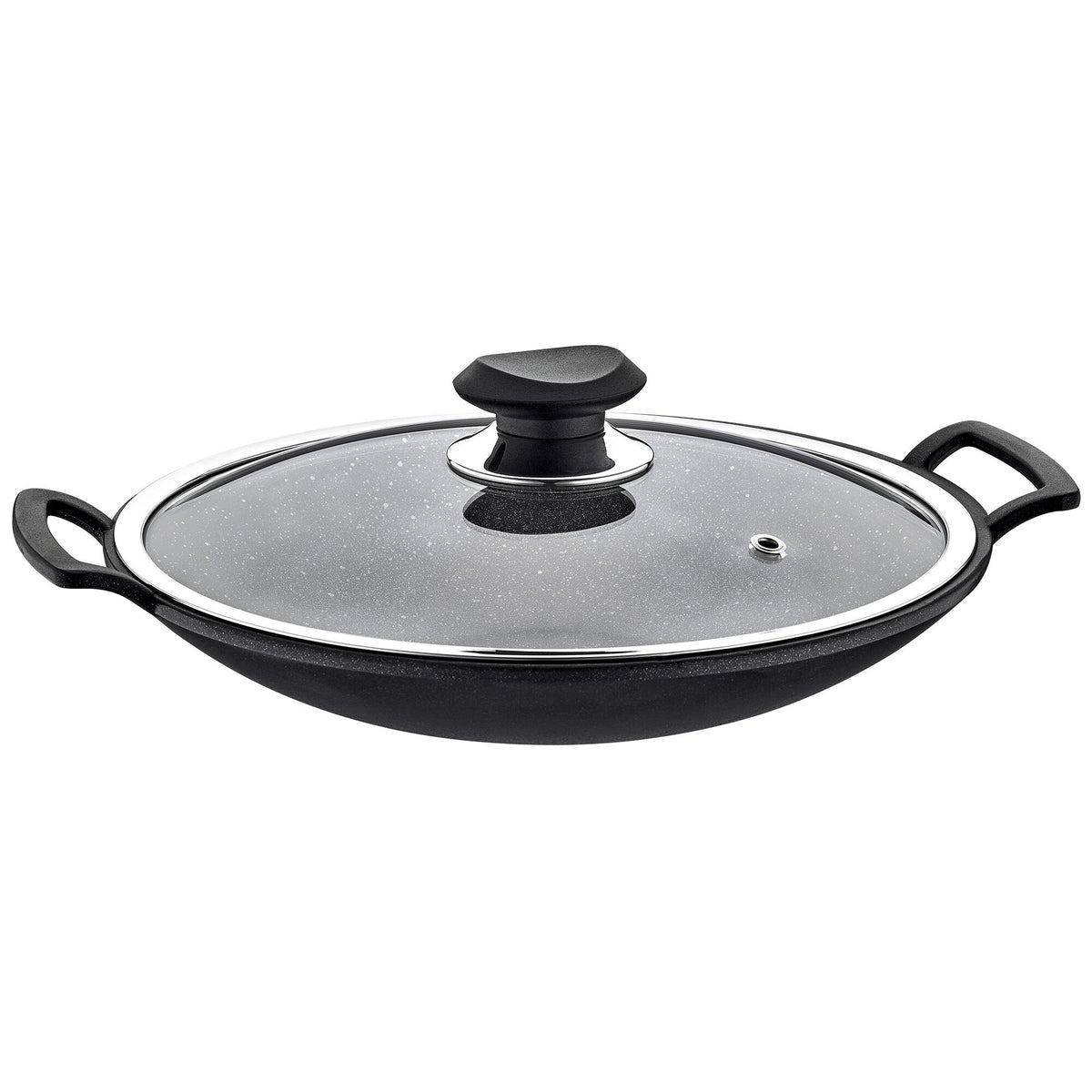 Wok-pannu - Ø 300 mm - Korkeus: 115 mm - tarttumaton - lasikansi-kannella - yhteensopiva: induktio, kaasu, keraaminen, sähkö, halogeeni - Musta