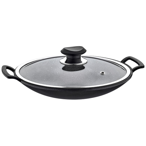Wok-pannu - Ø 300 mm - Korkeus: 115 mm - tarttumaton - lasikansi-kannella - yhteensopiva: induktio, kaasu, keraaminen, sähkö, halogeeni - Musta
