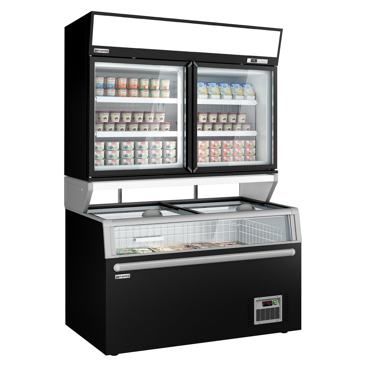 Supermarket- Lasiovellinen seinäpakastekaappi - 1454 mm - -22 – -18 °C - mukana 2 lasiovet & 4 hyllyä - sis. pakastesaari - musta
