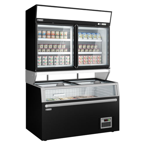 Supermarket- Lasiovellinen seinäpakastekaappi - 1454 mm - -22 – -18 °C - mukana 2 lasiovet & 4 hyllyä - sis. pakastesaari - musta