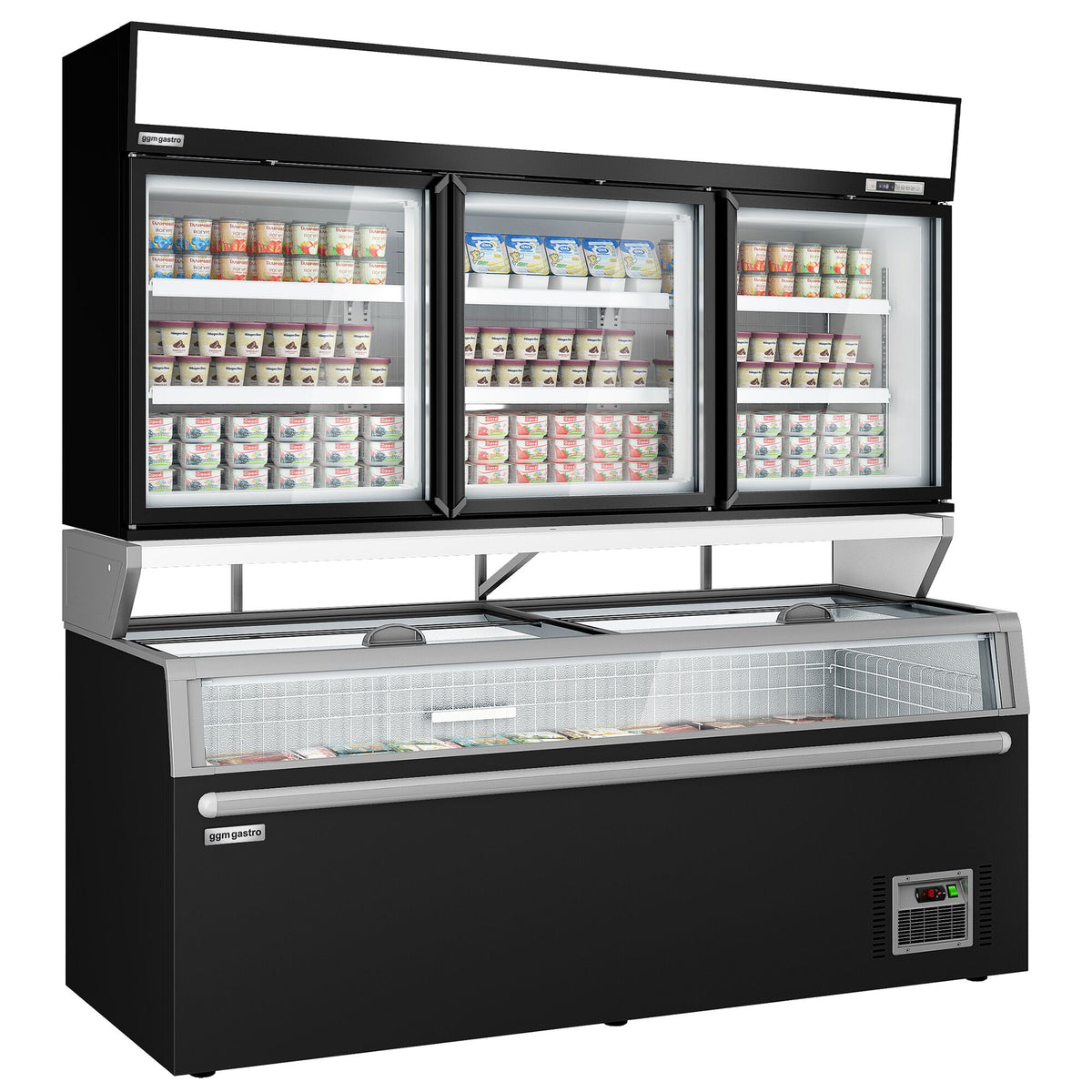 Supermarket- Lasiovellinen seinäpakastekaappi - 2104 mm - 346 l - -22 – -18 °C - mukana 3 lasiset saranaovet & 6 hyllyä - sis. pakastesaari - musta