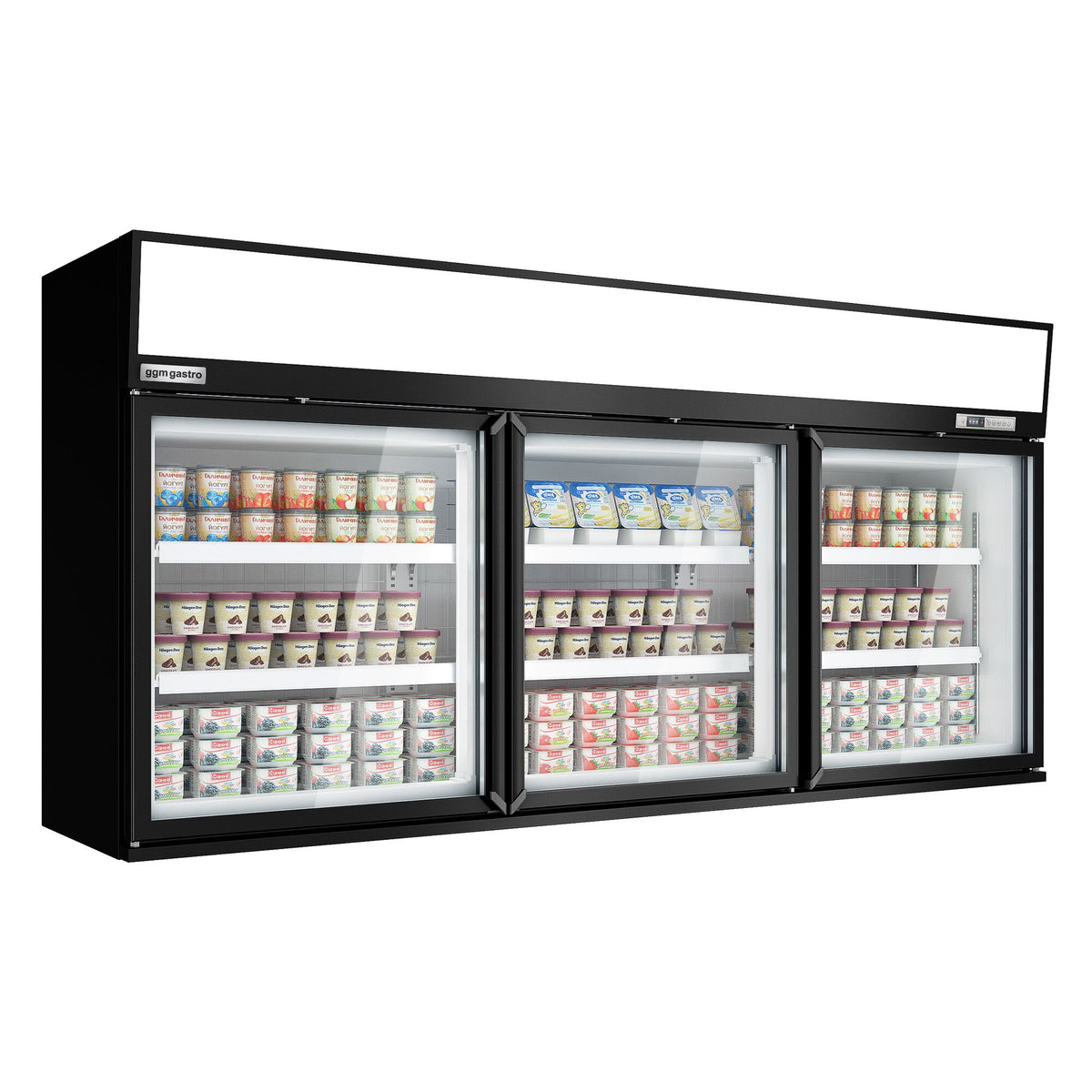 Supermarket- Lasiovellinen seinäpakastekaappi - 2100 mm - 346 l - -22 – -18 °C - mukana 3 lasiovet & 6 hyllyä - musta