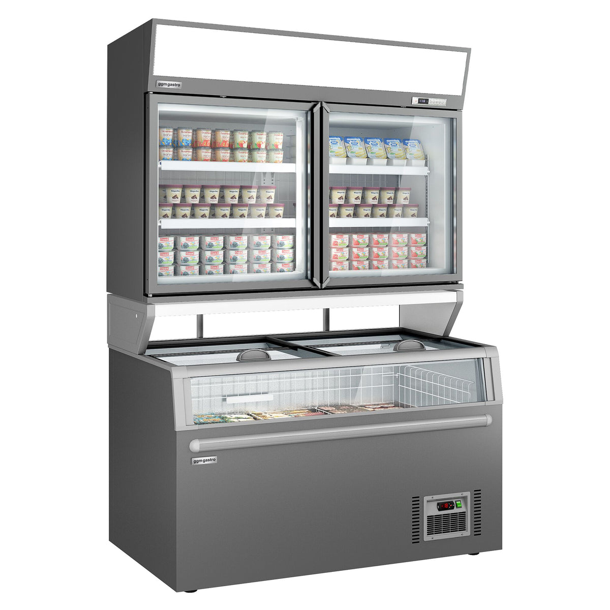 Supermarket- Lasiovellinen seinäpakastekaappi - 1454 mm - 232 l - -22 – -18 °C - mukana 2 lasiset saranaovet & 4 hyllyä - sis. pakastesaari - harmaa