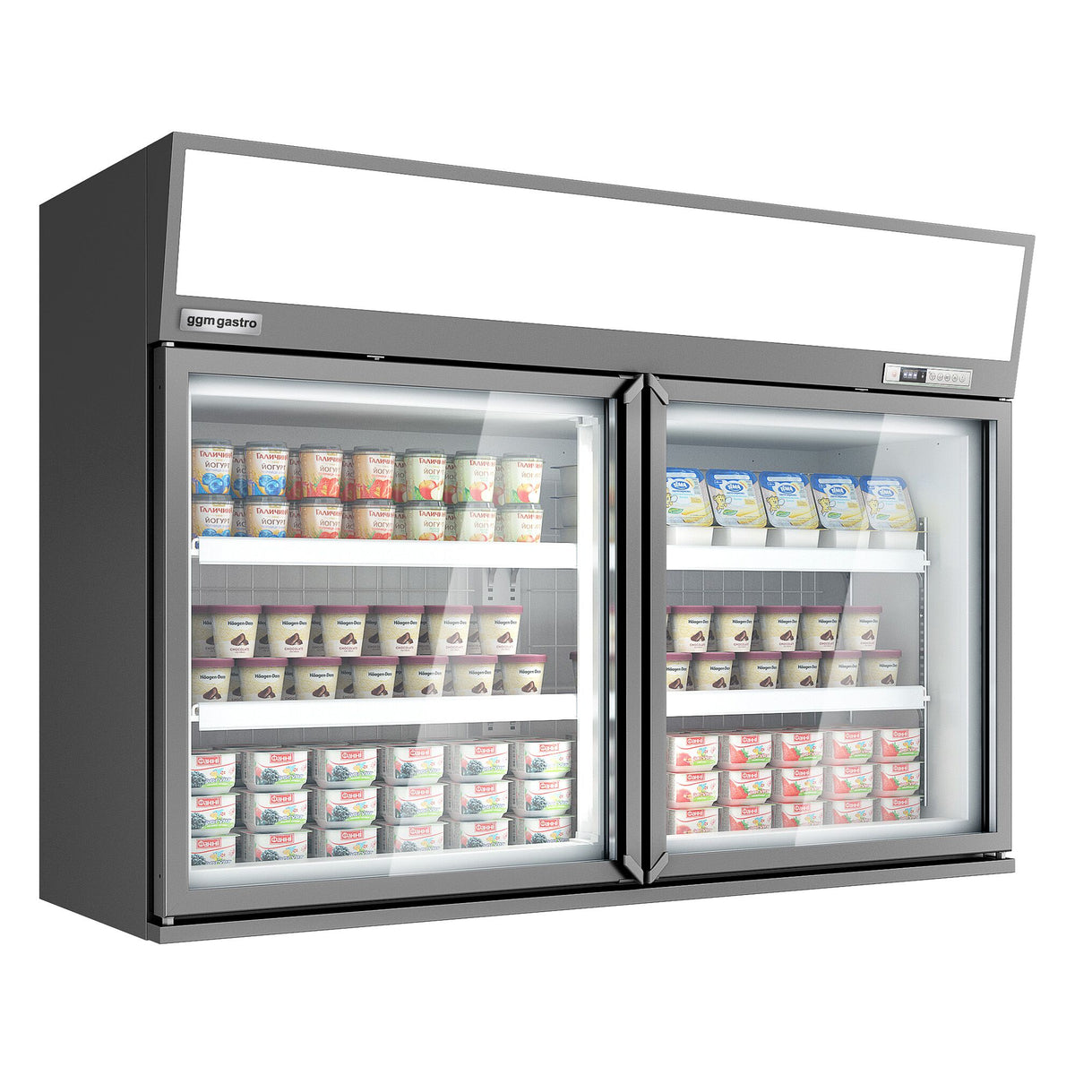 Lasiovellinen seinäpakastekaappi - 1450 mm - 232 l - -22 – -18 °C - mukana 2 lasiovet & 4 hyllyä - harmaa