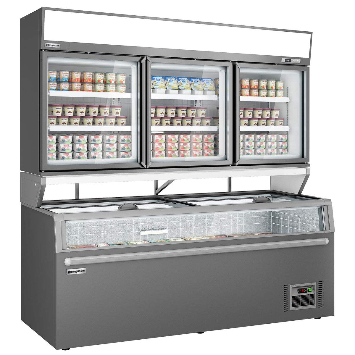 Supermarket- Lasiovellinen seinäpakastekaappi - 2104 mm - 559 l - -18 – -22 °C - mukana 3 lasiovet & 6 hyllyä - sis. pakastesaari - harmaa