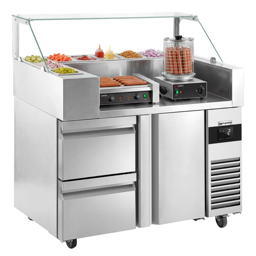 Salaattipöytä - 1210x700 mm - 1 ovi & 2 vetolaatikkoa - varten 9x GN 1/6 - sis. hot dog -grilli & hot dog -höyrystin