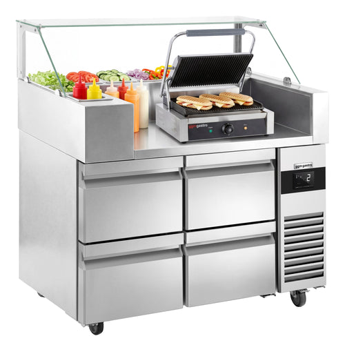 Salaattipöytä - 1210x700 mm - 4 vetolaatikkoa - varten 9x GN 1/6 - sis. parilagrilli
