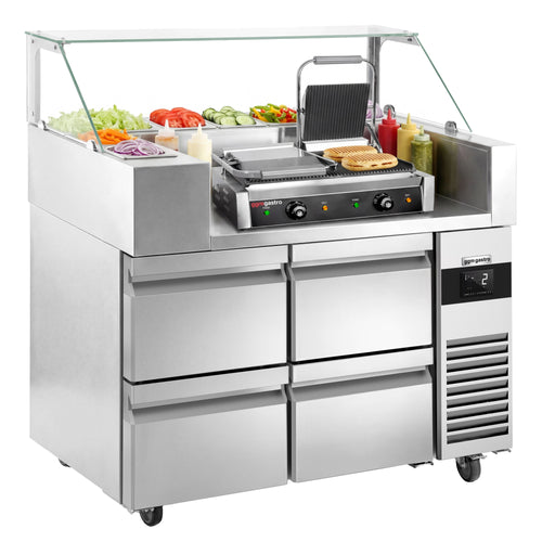 Salaattipöytä - 1210x700 mm - 4 vetolaatikkoa - varten 9x GN 1/6 - sis. parilagrilli