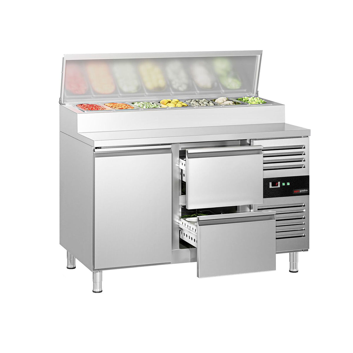 Commercial Prep Counter PREMIUM - 1360x700mm - 1 Door & 2 Drawers - for 7x GN 1/3