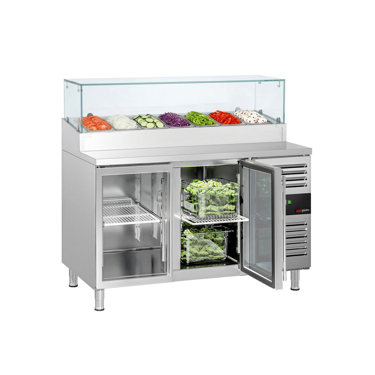 Commercial Prep Counter PREMIUM - 1360x700mm - 2 Glass Doors - for 7x GN 1/3