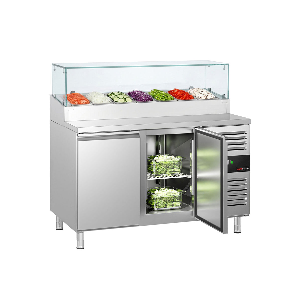 Salaattipöytä PREMIUM - 1360mm - 2 ovea - lasitasolla - 7x GN 1/3:lle