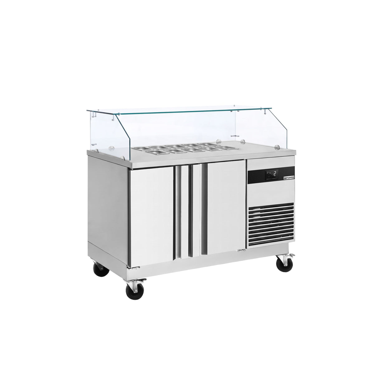 Salaattipöytä PREMIUM - 1 400 mm - 2 ovea - kulmikas lasisuoja 6x GN 1/6 varten